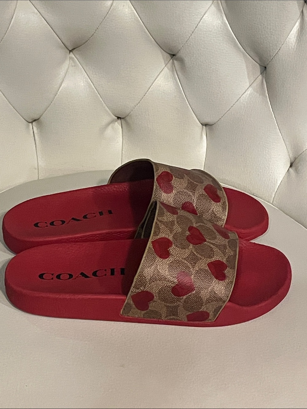 Coach Red Slide Sandals with Signature Heart Print Beautiful Eye Catching - Picture 5 of 10